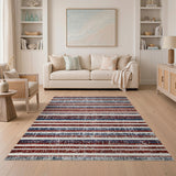 ODIKA Washable Abstract Striped Area Rug - Low Pile Non-Slip Red & Blue Distressed Design