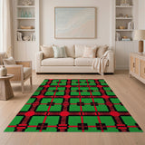 Bold Green Red Tribal Grid Area Rug