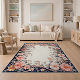 Washable Vintage Floral Border Area Rug, Navy & Blush Pink Low Pile