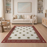 Cream Floral Area Rug with Gold Motifs Red Border