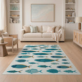 Whimsical Teal Fish School Area Rug