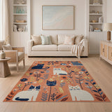 ODIKA Washable Whimsical Cat & Floral Area Rug, Non-Slip Low Pile Pet Friendly Carpet