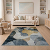 Blue and Teal Abstract Navy Blue Gold Wave Area Rug