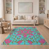 Vibrant Teal Pink Floral Mandala Area Rug