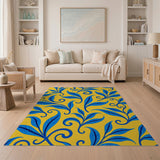 Vibrant Blue Leaves on Yellow Area Rug