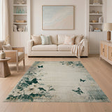 Teal Butterfly Floral Distressed Vintage Rug