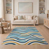 Wavy Blue and Gold Abstract Area Rug