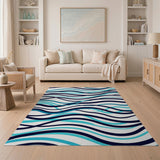 Blue and Teal Teal Navy Wave Abstract Area Rug