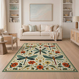 Vintage Botanical Dragonfly Washable Area Rug - Low Pile & Non-Slip