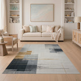 Beige and Neutral Modern Grey Geometric Block Area Rug