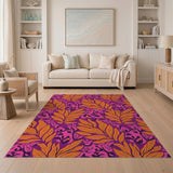 Vibrant Magenta Orange Leaf Pattern Area Rug