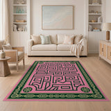 Pink Labyrinth Maze Area Rug with Ornate Green Border