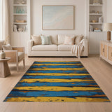 Distressed Yellow Blue Striped Area Rug