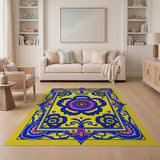 Vibrant Yellow Medallion Rug with Blue Pink Florals