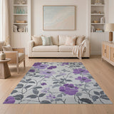 Purple Peony Floral Grey Vine Area Rug