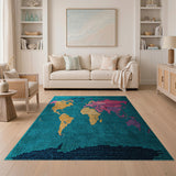 Teal World Map Multicolor Area Rug
