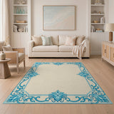 Ornate Blue Teal Floral Border Area Rug