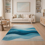 ODIKA Washable Abstract Ocean Wave Area Rug - Blue & Beige Low Pile Non-Slip Carpet