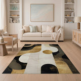 ODIKA Washable Abstract Geometric Gold and Black Area Rug - Low Pile Non-Slip Art Deco Rug