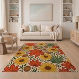 ODIKA Washable Autumn Floral Area Rug - Low Pile Sunflower & Maple Leaf Non-Slip Carpet for Kids & Pets