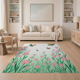 Whimsical Pink Flowers and Butterflies Area Rug