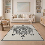 Black Mandala Lotus Area Rug on Cream
