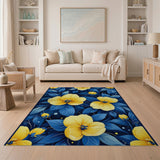 Vibrant Yellow Flowers on Navy Blue Leaves Rug