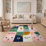 Playful Cartoon Faces Multi-Color Kids Area Rug