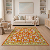 Vibrant Orange Daisy Floral Area Rug with Ornate Border