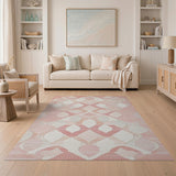 ODIKA Washable Blush Pink Geometric Area Rug - Non-Slip Low Pile Pet Friendly