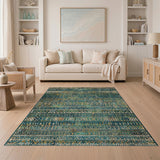 ODIKA Washable Teal Tribal Geometric Area Rug - Low Pile Non-Slip Boho Rug