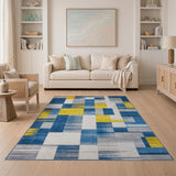 Modern Geometric Navy Blue Yellow Patchwork Rug