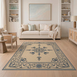Ornate Beige Area Rug with Blue Floral Scrolls