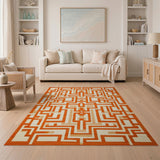 ODIKA Washable Orange Geometric Maze Area Rug - Low Pile Non-Slip Carpet