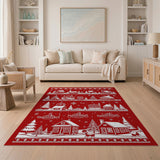 Festive Christmas Village Red Papercut Area Rug