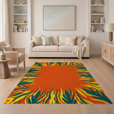 Vibrant Orange Teal Flame Leaf Border Area Rug