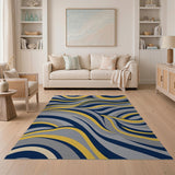 Navy Blue and Mustard Yellow Abstract Wave Area Rug