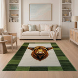 Highland Cow Head Rug with Green Plaid Border