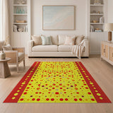 Vibrant Yellow Polka Dot Area Rug with Red Border