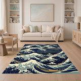 Coastal Beach Blue and Teal Blue Wave Coastal Area Rug