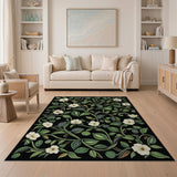 Vintage White Blossom Green Vine Black Area Rug