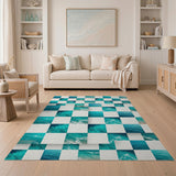 Teal Ocean Wave Checkerboard Area Rug