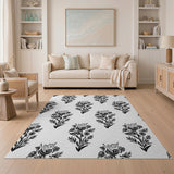 Black White Floral Block Print Area Rug