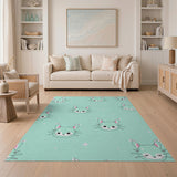 Playful Mint Green Kawaii Cat Pattern Area Rug