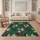 Dark Green Holly Berry Leaf Pattern Area Rug