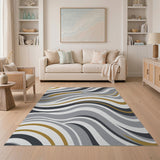 ODIKA Modern Abstract Gold & Grey Washable Area Rug - Low Pile Non-Slip Indoor Rug