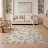 Cream Tan Leaf Motif Area Rug
