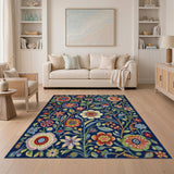 ODIKA Folk Floral Dark Blue Washable Area Rug - Low Pile Non-Slip Floor Carpet