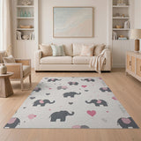 Grey Elephant Pink Heart Nursery Rug