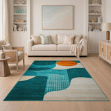 Teal Abstract Geometric Area Rug with Orange Sun